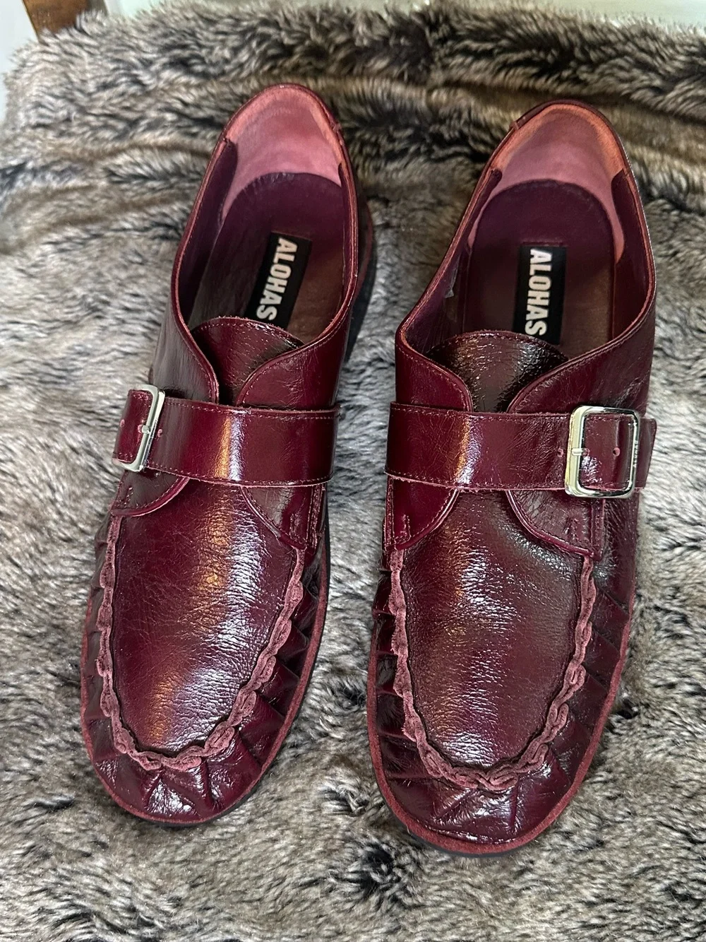 ALOHAS Burgundy Leather Monk-Strap Quiet Luxury Loafers, Size 40